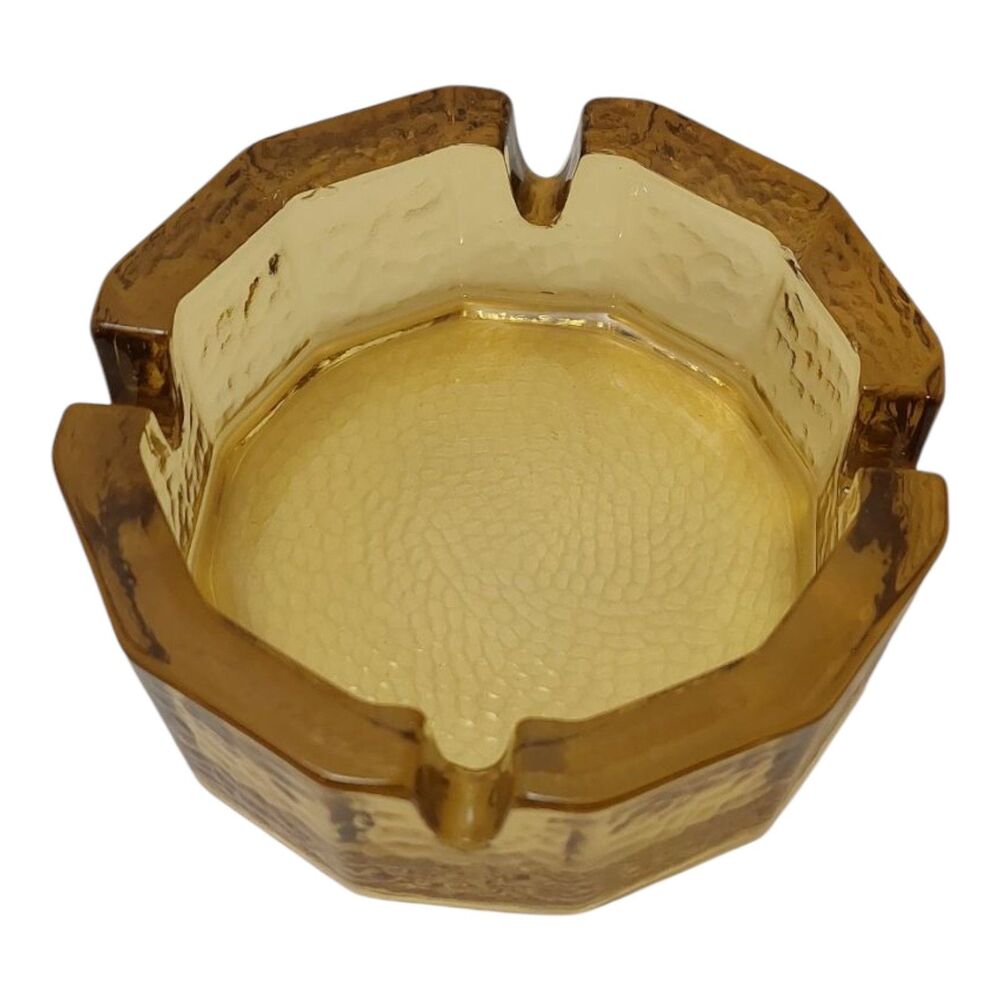 Vintage MCM Blenko Ashtray Amber Glass Chunky 1960s Textured Panel Pebbled
